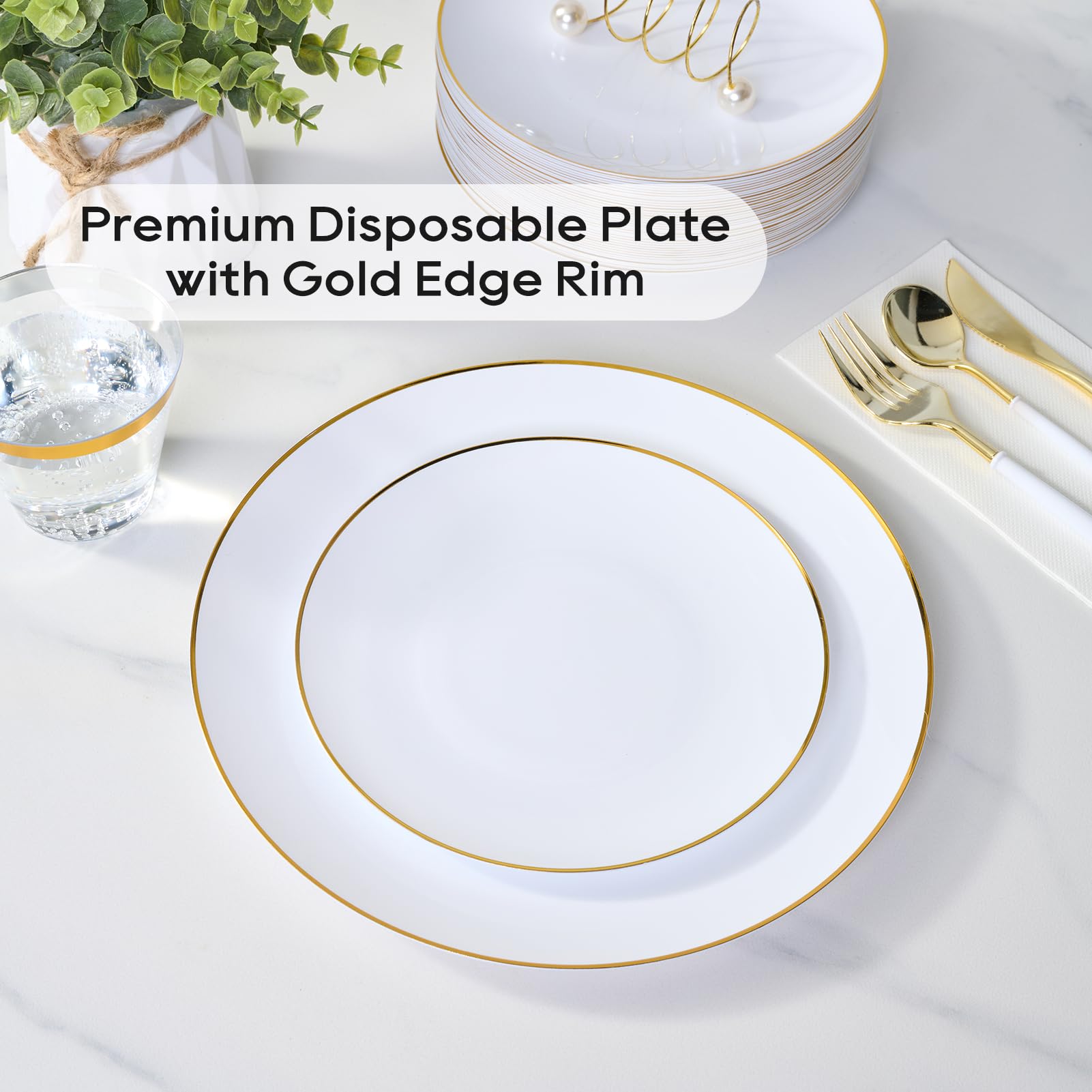 7in/10.25in Bulk Plastic Plates with Gold Rim | Gold - Trimmed Plates for salads, desserts, entrees | BPA - Free | Restaurant Supply - EWT