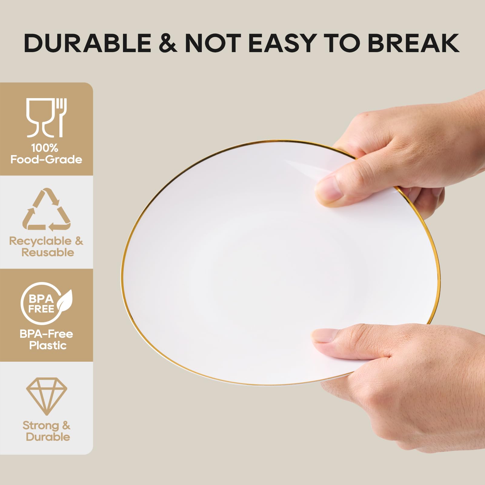 7in/10.25in Bulk Plastic Plates with Gold Rim | Gold - Trimmed Plates for salads, desserts, entrees | BPA - Free | Restaurant Supply - EWT