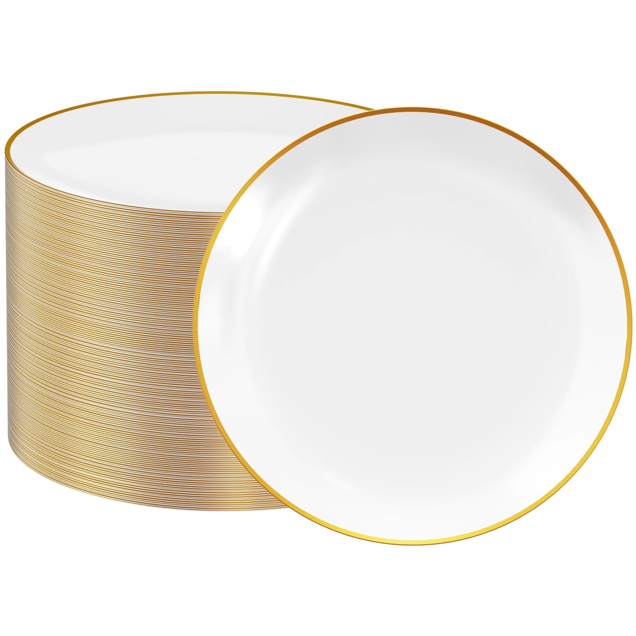 7in/10.25in Bulk Plastic Plates with Gold Rim | Gold - Trimmed Plates for salads, desserts, entrees | BPA - Free | Restaurant Supply - EWT