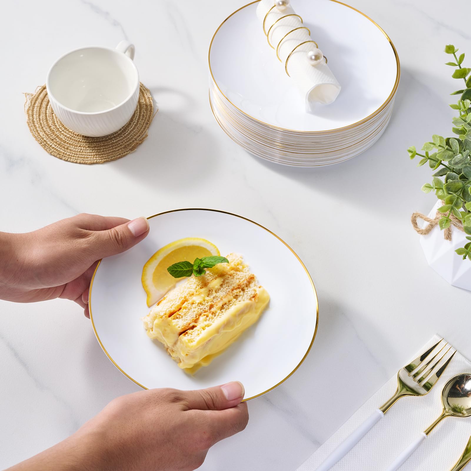 7in/10.25in Bulk Plastic Plates with Gold Rim | Gold - Trimmed Plates for salads, desserts, entrees | BPA - Free | Restaurant Supply - EWT