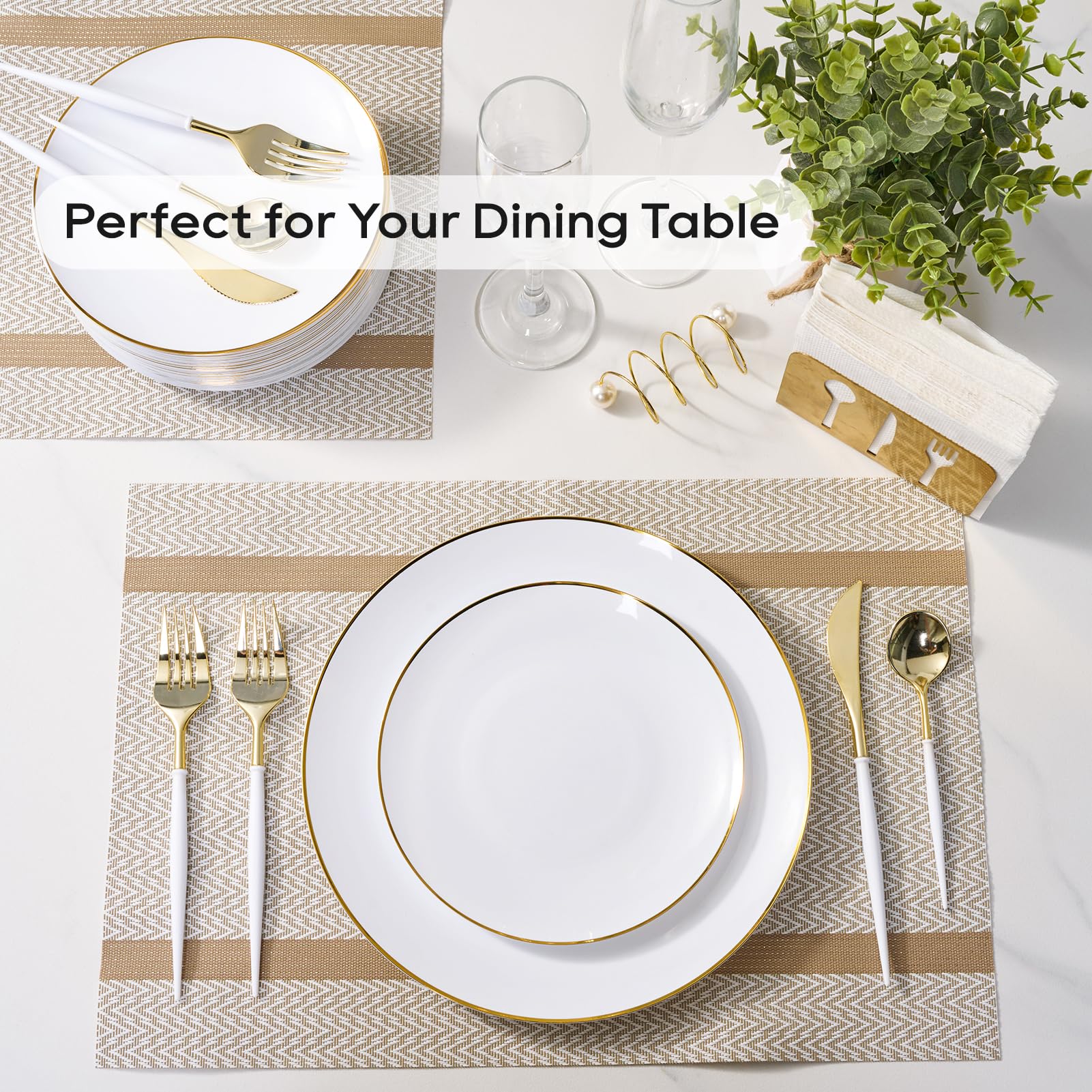 7in/10.25in Bulk Plastic Plates with Gold Rim | Gold - Trimmed Plates for salads, desserts, entrees | BPA - Free | Restaurant Supply - EWT