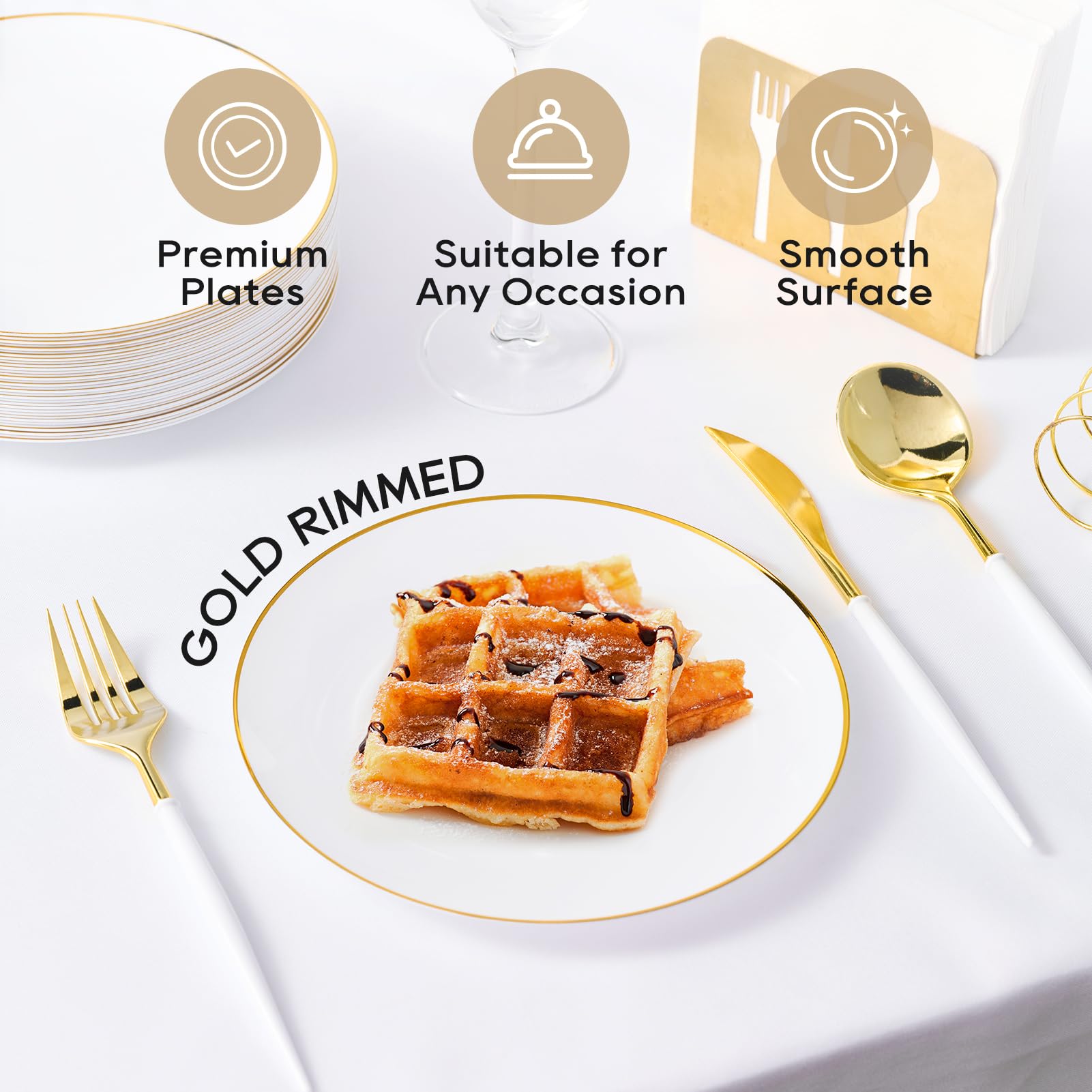 7in/10.25in Bulk Plastic Plates with Gold Rim | Gold - Trimmed Plates for salads, desserts, entrees | BPA - Free | Restaurant Supply - EWT