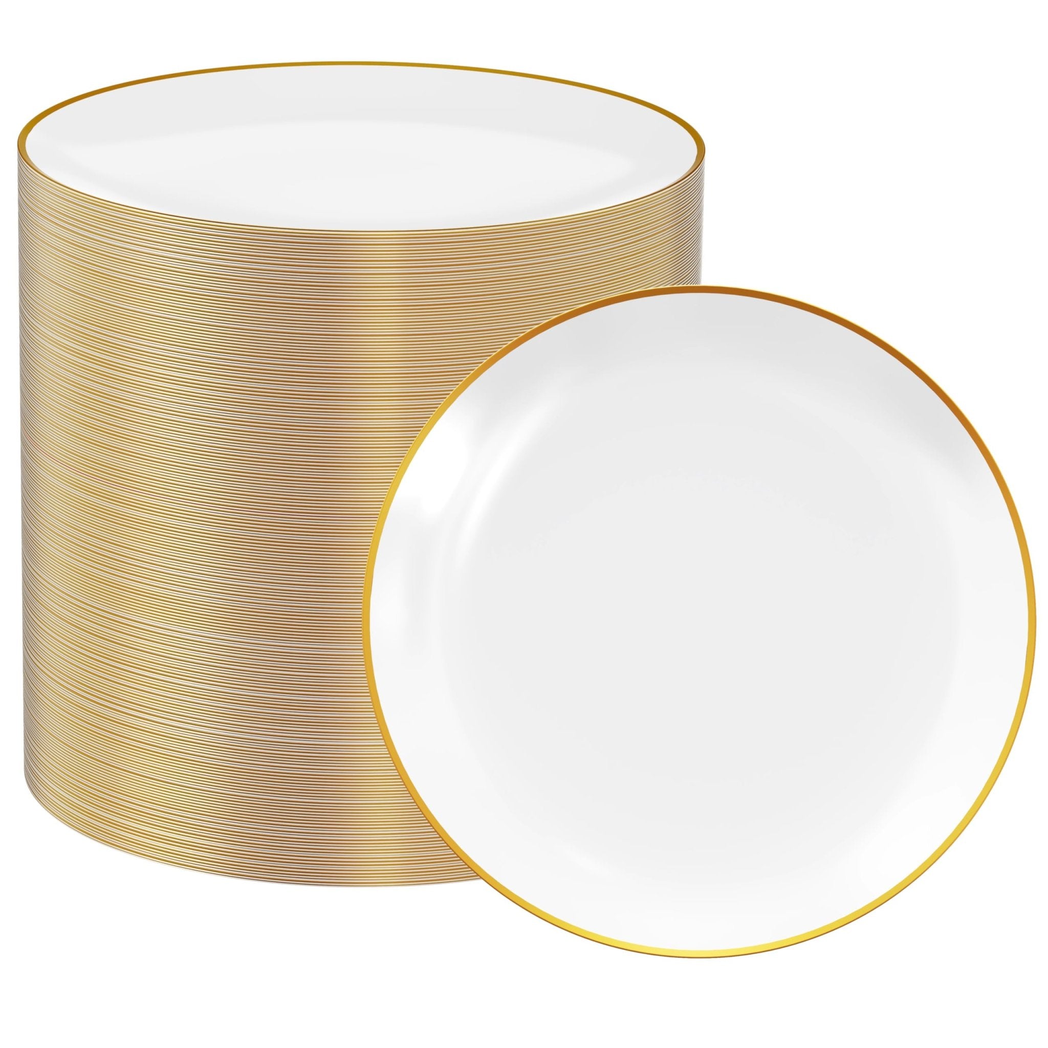7in/10.25in Bulk Plastic Plates with Gold Rim | Gold - Trimmed Plates for salads, desserts, entrees | BPA - Free | Restaurant Supply - EWT