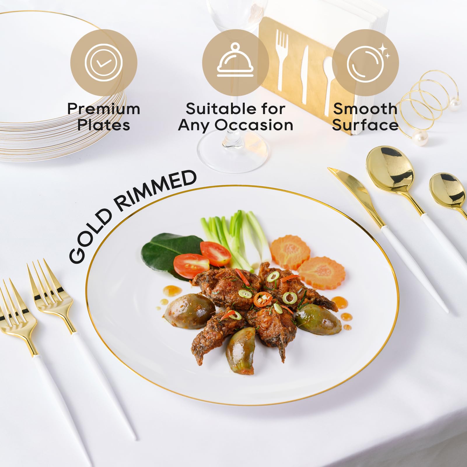 7in/10.25in Bulk Plastic Plates with Gold Rim | Gold - Trimmed Plates for salads, desserts, entrees | BPA - Free | Restaurant Supply - EWT