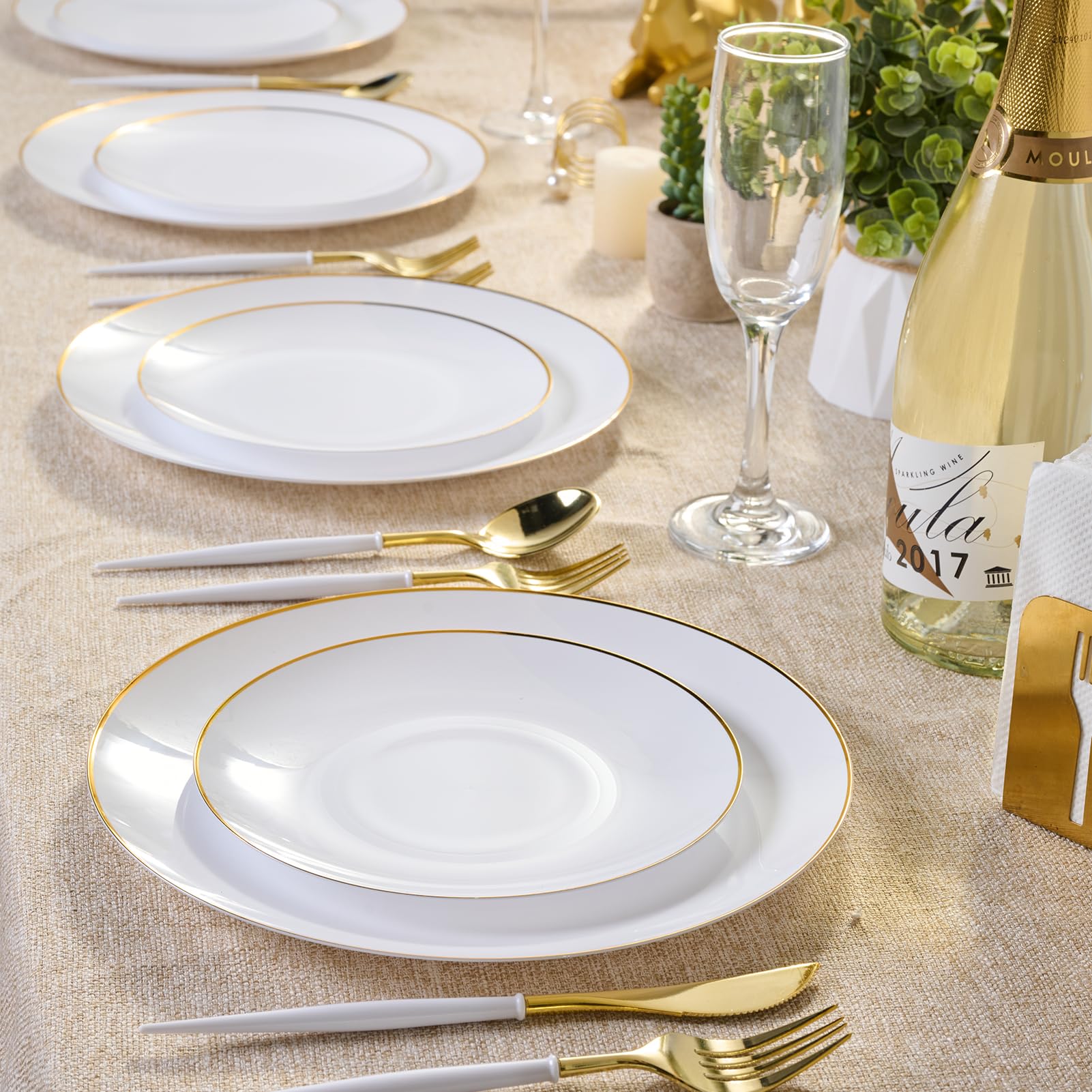 7in/10.25in Bulk Plastic Plates with Gold Rim | Gold - Trimmed Plates for salads, desserts, entrees | BPA - Free | Restaurant Supply - EWT