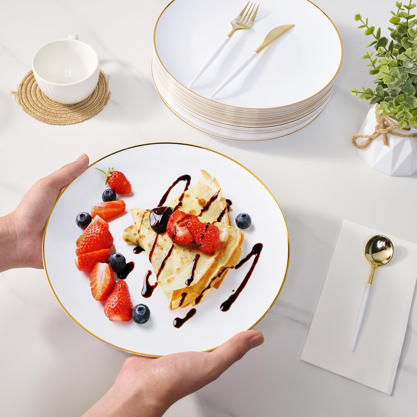 7in/10.25in Bulk Plastic Plates with Gold Rim | Gold - Trimmed Plates for salads, desserts, entrees | BPA - Free | Restaurant Supply - EWT