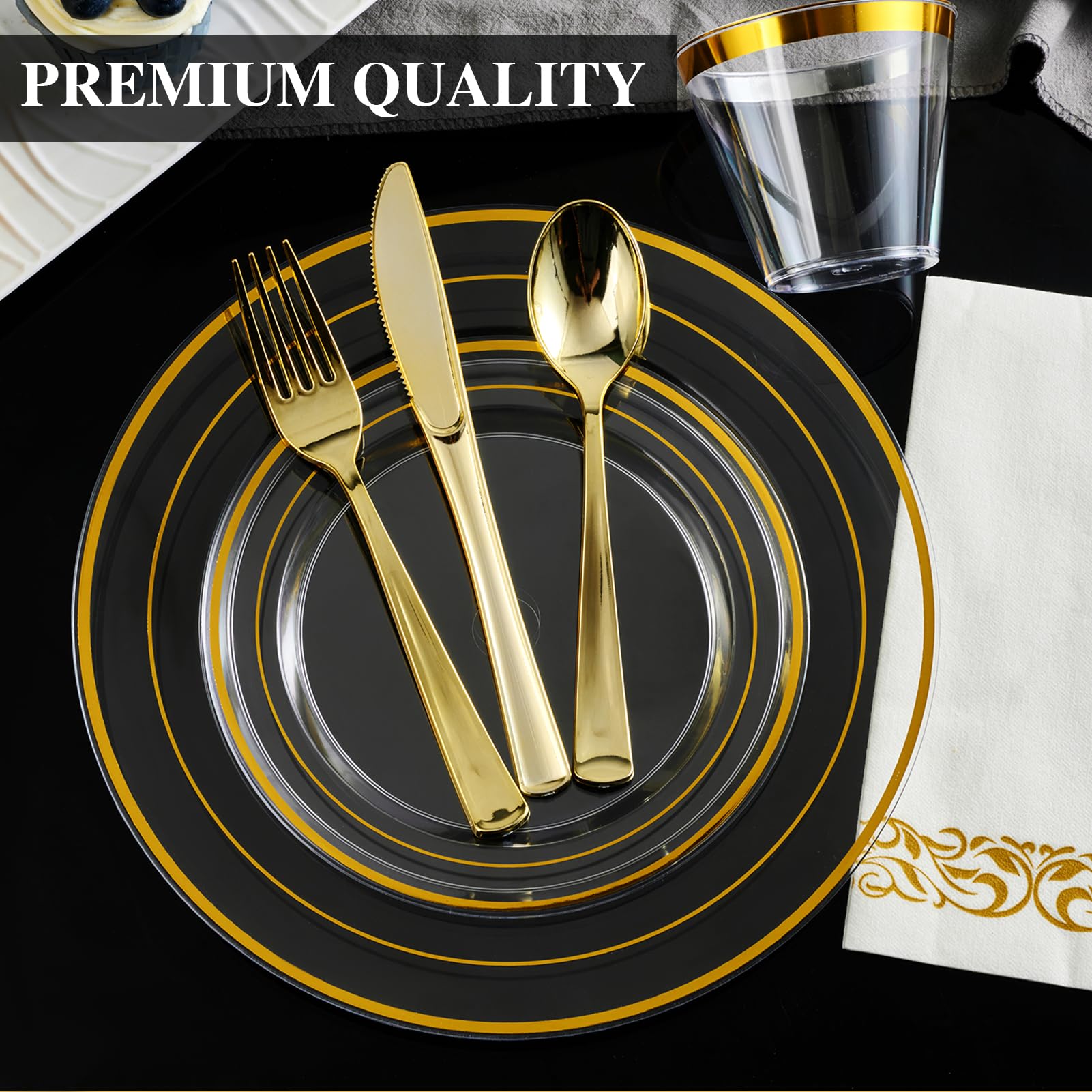 Bulk Gold Dinnerware Set | Plastic Plates for Salads, Desserts, Beverages | BPA Free | Restaurant Supply - EWT