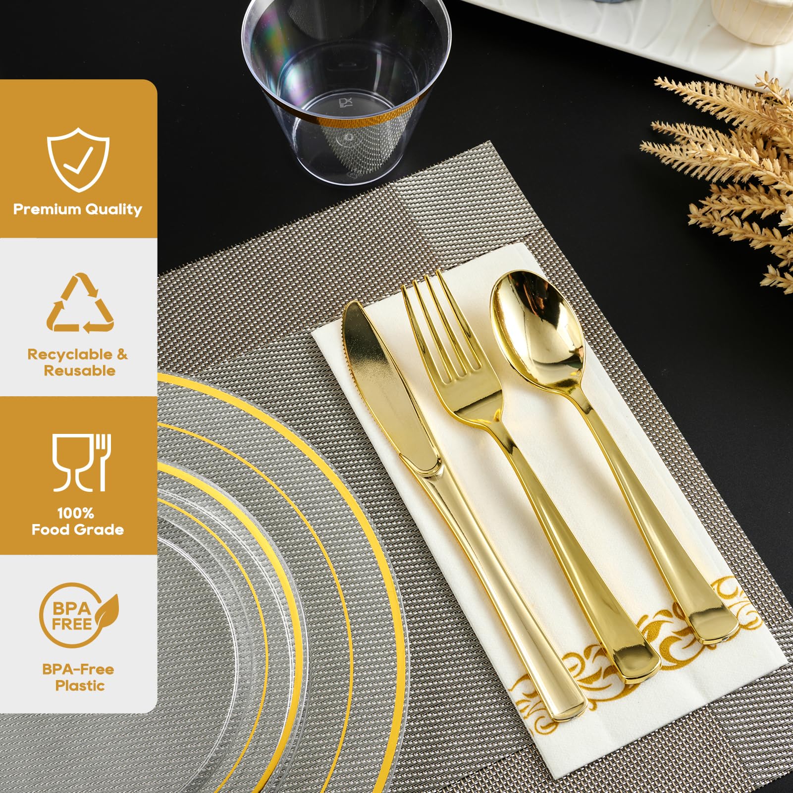 Bulk Gold Dinnerware Set | Plastic Plates for Salads, Desserts, Beverages | BPA Free | Restaurant Supply - EWT