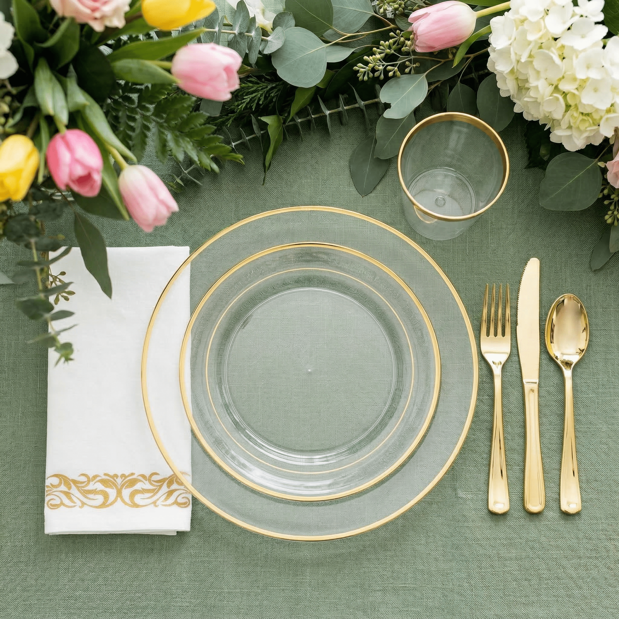 Bulk Gold Dinnerware Set | Plastic Plates for Salads, Desserts, Beverages | BPA Free | Restaurant Supply - EWT